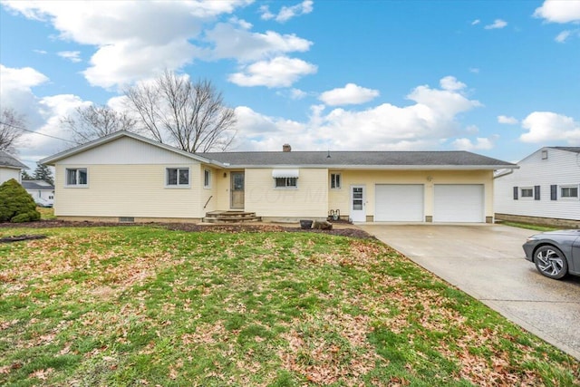 ranch-style house featuring a garage and a front lawn