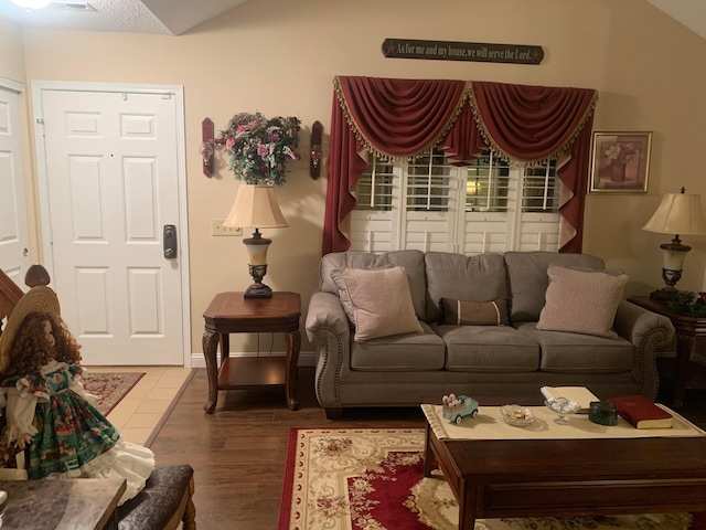 living room featuring hardwood / wood-style flooring and vaulted ceiling