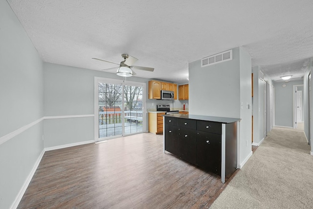 kitchen featuring ceiling fan, light wood-type flooring, a textured ceiling, and appliances with stainless steel finishes