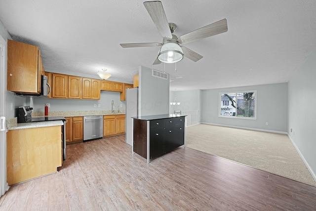 kitchen with appliances with stainless steel finishes, light hardwood / wood-style flooring, ceiling fan, and sink