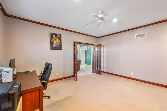 office area with crown molding, ceiling fan, french doors, and light colored carpet