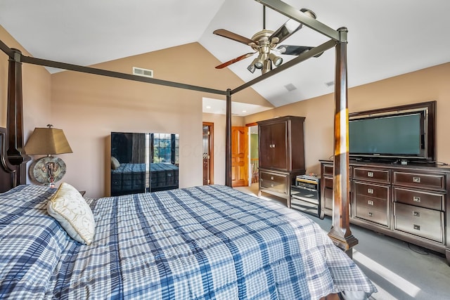 carpeted bedroom with ceiling fan and lofted ceiling