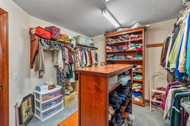 walk in closet with light colored carpet