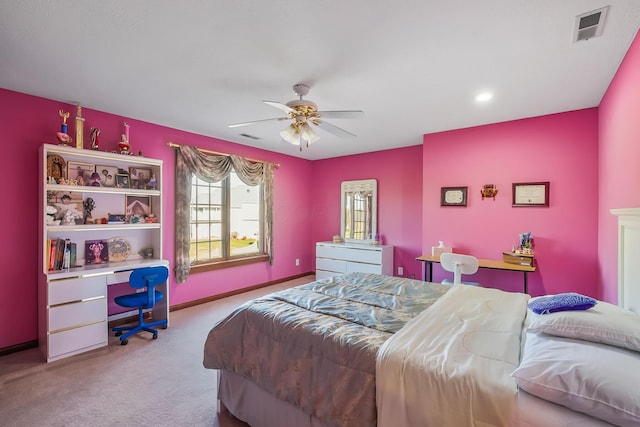 carpeted bedroom with ceiling fan