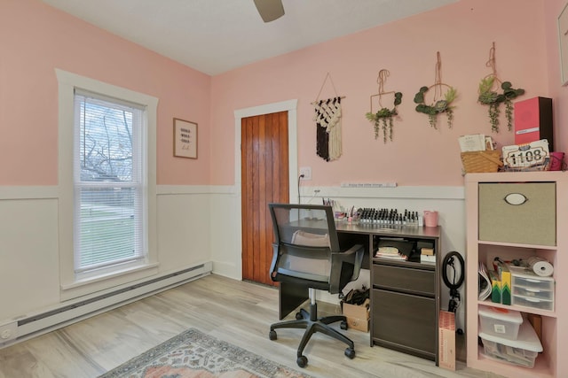 home office with baseboard heating and light hardwood / wood-style floors