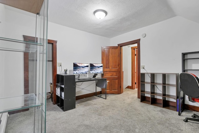 office space featuring a textured ceiling, light colored carpet, and lofted ceiling