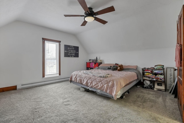 bedroom featuring carpet, ceiling fan, vaulted ceiling, and a baseboard radiator