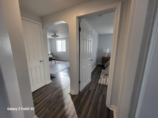 hall featuring dark wood-type flooring