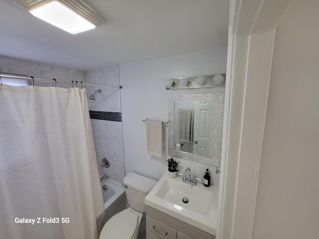 full bathroom with vanity, toilet, and shower / tub combo with curtain