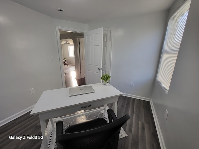 home office featuring dark hardwood / wood-style floors