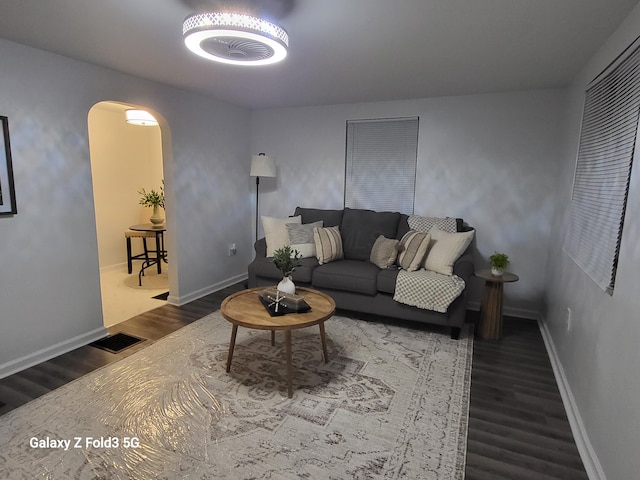 living room featuring dark wood-type flooring