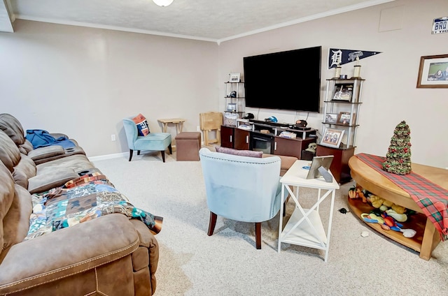 living room featuring crown molding, a textured ceiling, and carpet flooring