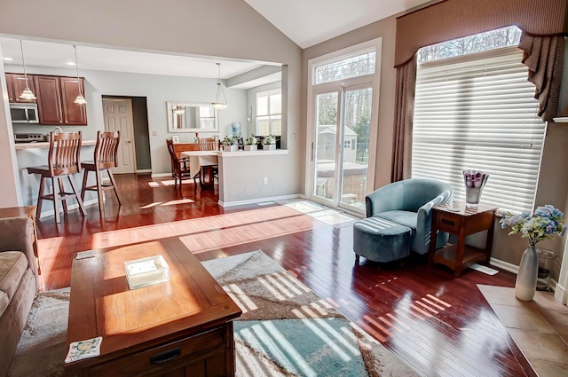 living room with wood-type flooring and vaulted ceiling