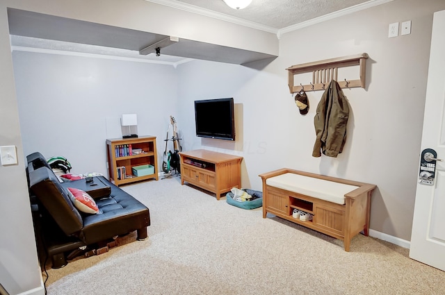 living room with crown molding, light carpet, and a textured ceiling