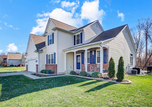 view of property featuring central AC unit, covered porch, and a front lawn