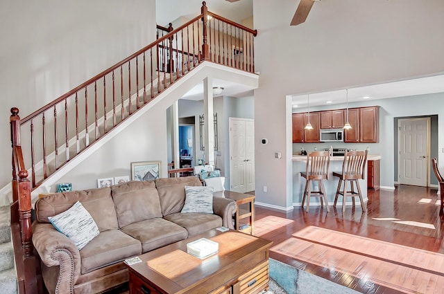 living room featuring dark hardwood / wood-style flooring and a towering ceiling