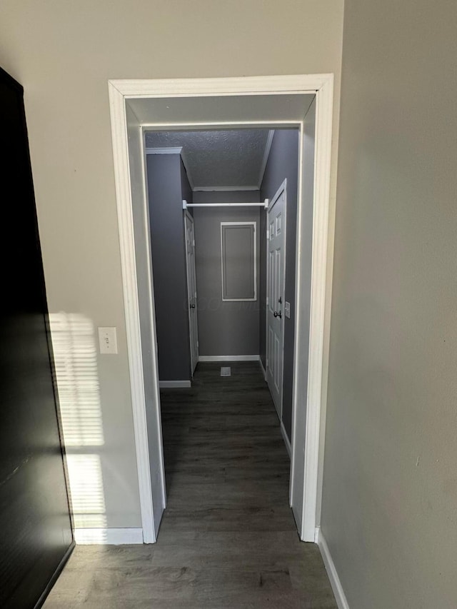 corridor with crown molding and dark wood-type flooring