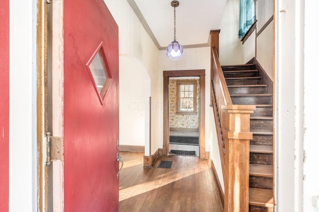 entryway featuring dark hardwood / wood-style flooring and crown molding