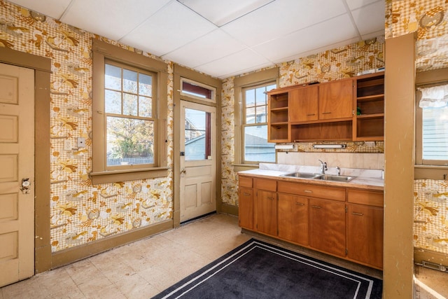 kitchen featuring a paneled ceiling, plenty of natural light, and sink