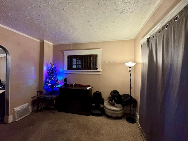 interior space with carpet, a textured ceiling, and crown molding