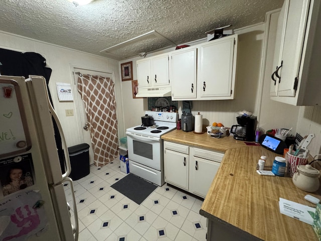 kitchen featuring white cabinets, white appliances, and a textured ceiling