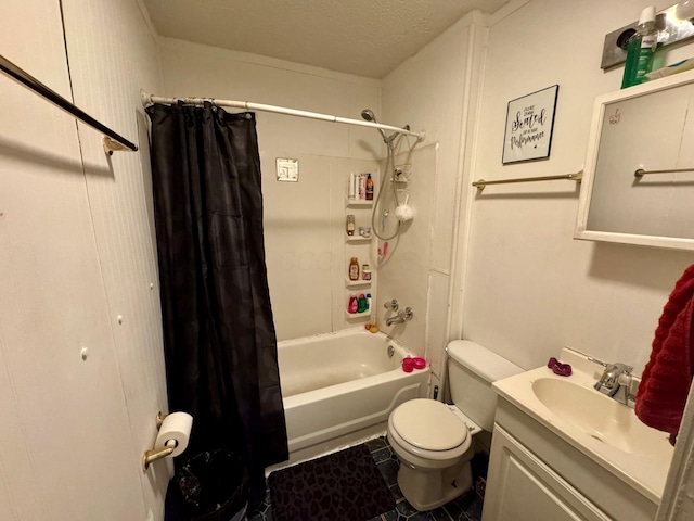 full bathroom featuring vanity, tile patterned floors, toilet, a textured ceiling, and shower / tub combo with curtain