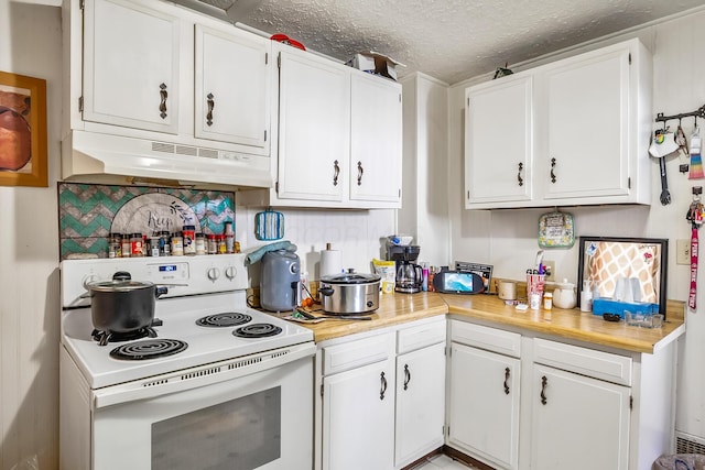 kitchen with white cabinetry, backsplash, a textured ceiling, and white range with electric cooktop