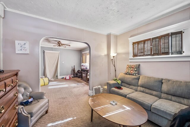 carpeted living room with ornamental molding, ceiling fan, and a textured ceiling