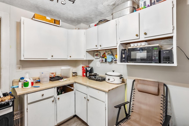 kitchen with white cabinetry and a textured ceiling