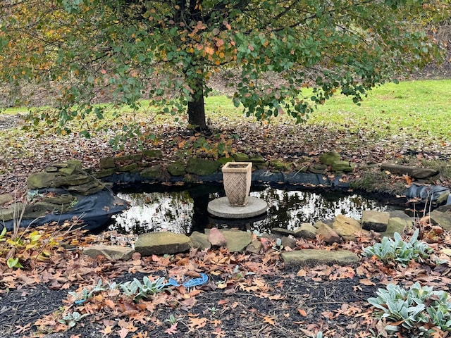 exterior details featuring a garden pond