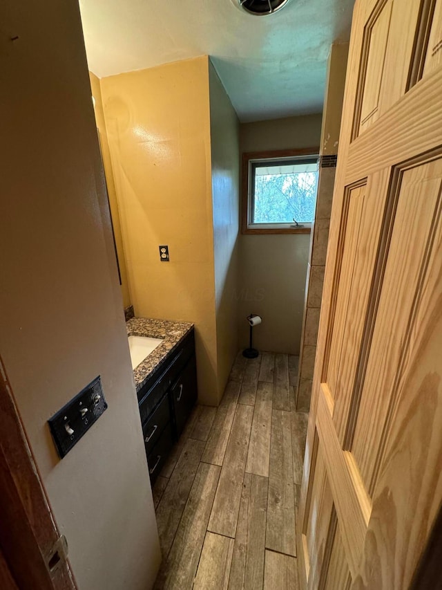 bathroom with vanity and hardwood / wood-style flooring