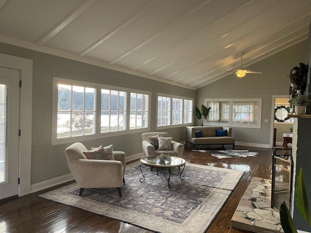 interior space with ceiling fan, dark hardwood / wood-style flooring, and high vaulted ceiling