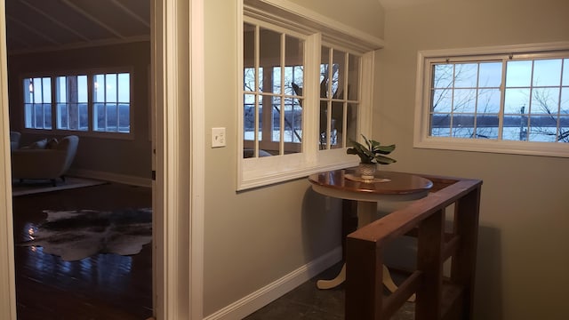 dining area with a water view