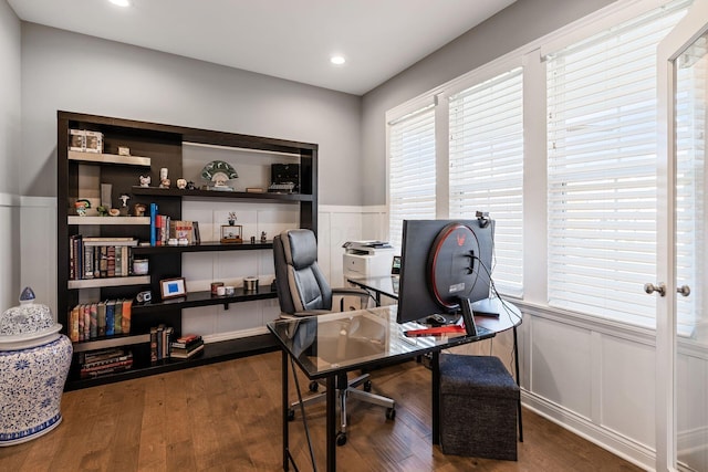 office with dark wood-type flooring