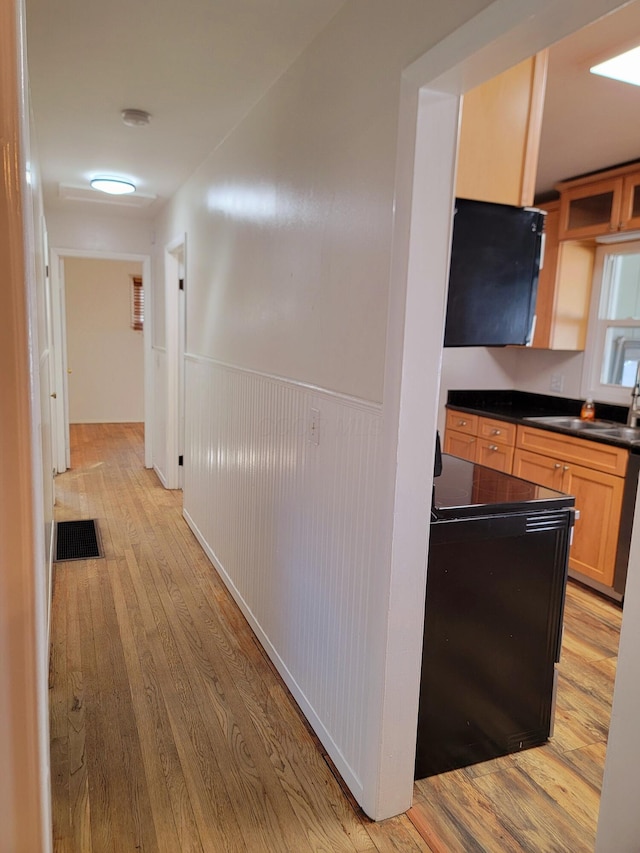 hall with sink and light wood-type flooring