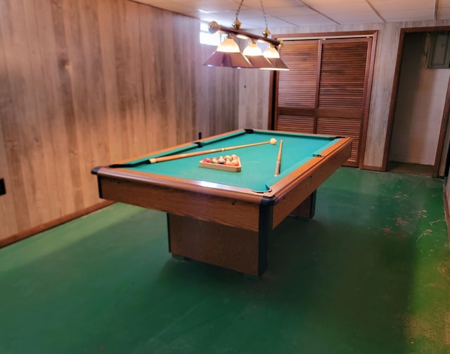 playroom featuring wooden walls and billiards