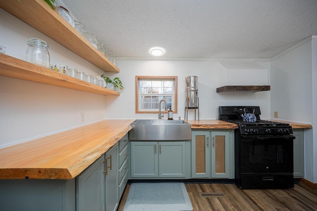 kitchen with butcher block countertops, dark hardwood / wood-style floors, sink, and black range with gas cooktop