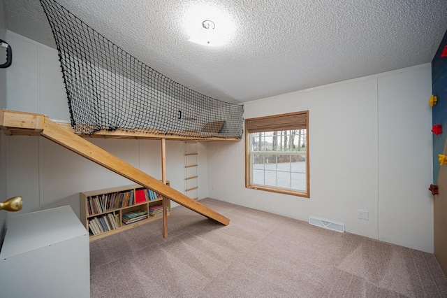 basement featuring carpet floors and a textured ceiling