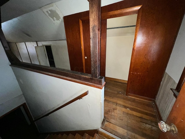 stairway with hardwood / wood-style flooring