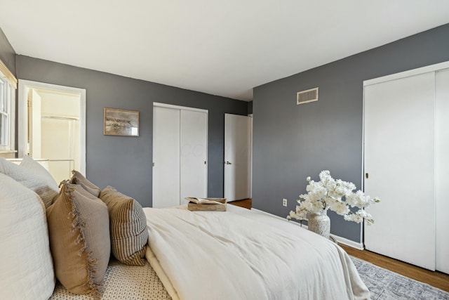 bedroom with two closets and hardwood / wood-style flooring