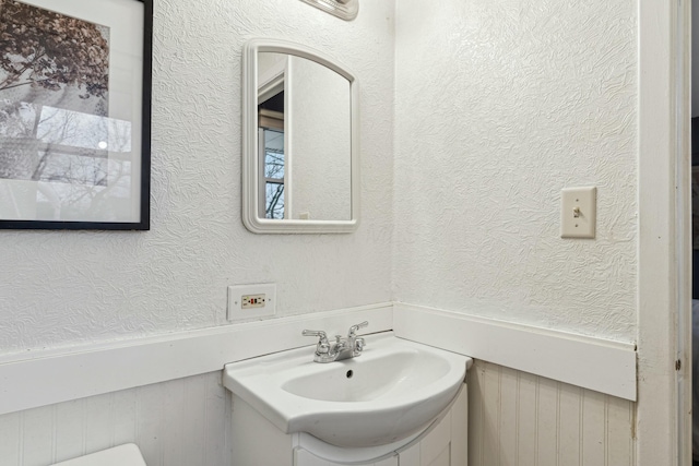 bathroom featuring vanity and wooden walls