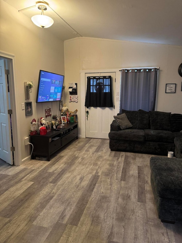 living room featuring wood-type flooring and vaulted ceiling