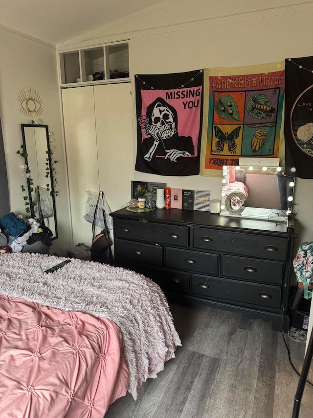 bedroom featuring dark hardwood / wood-style flooring, lofted ceiling, and a closet