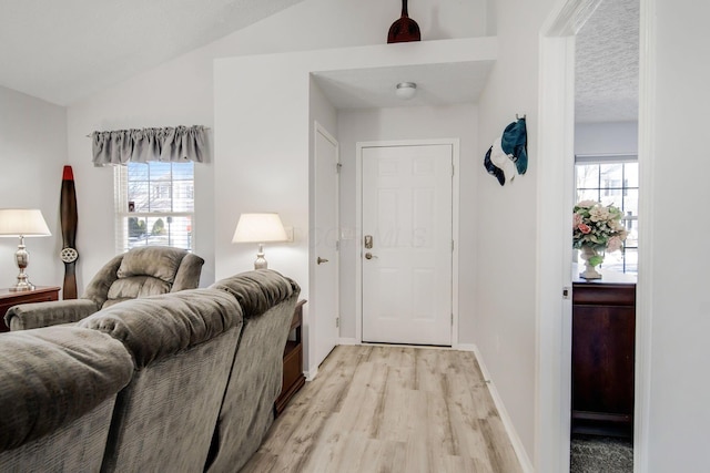 entrance foyer with lofted ceiling, a healthy amount of sunlight, and light wood-type flooring