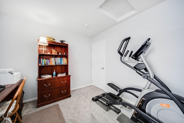 exercise room featuring light colored carpet