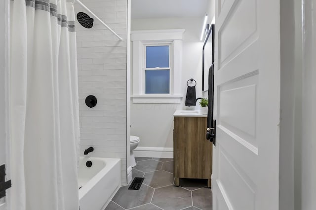 full bathroom with tile patterned floors, vanity, shower / bath combination with curtain, and toilet