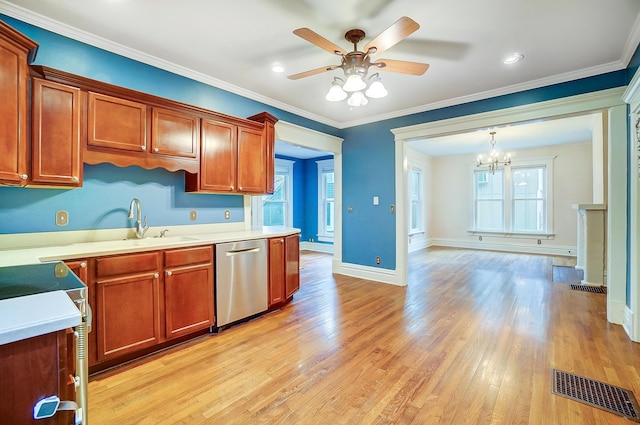 kitchen with ceiling fan with notable chandelier, light wood-type flooring, stainless steel dishwasher, and ornamental molding