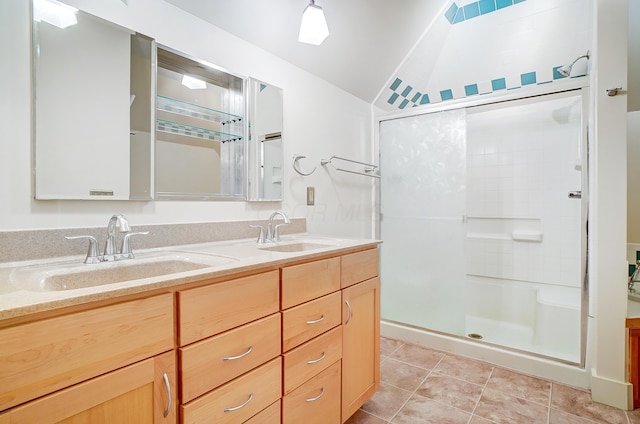 bathroom featuring tile patterned flooring, vanity, and a shower with shower door