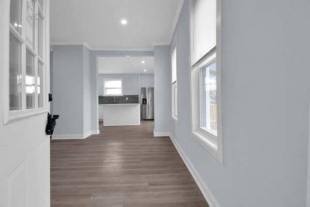 corridor featuring dark hardwood / wood-style flooring and ornamental molding