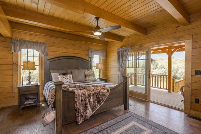 bedroom featuring hardwood / wood-style flooring, wood walls, beamed ceiling, and access to outside